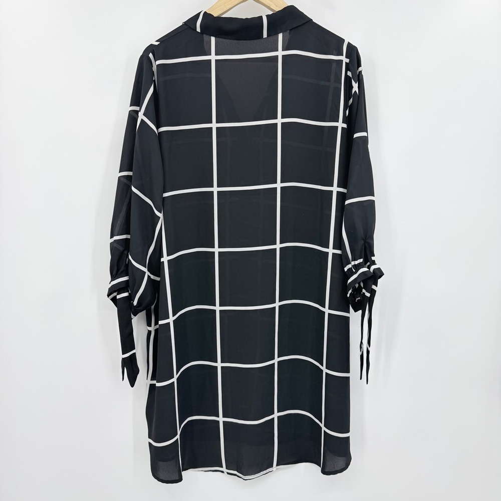 CUPSHE Black White Windowpane Plaid Button Down Chiffon Tunic Cover Up Dress LG - Picture 2 of 5